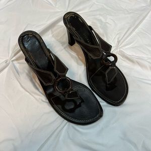 Brown Leather Stitched Edge Ring Strappy Heel Sandal